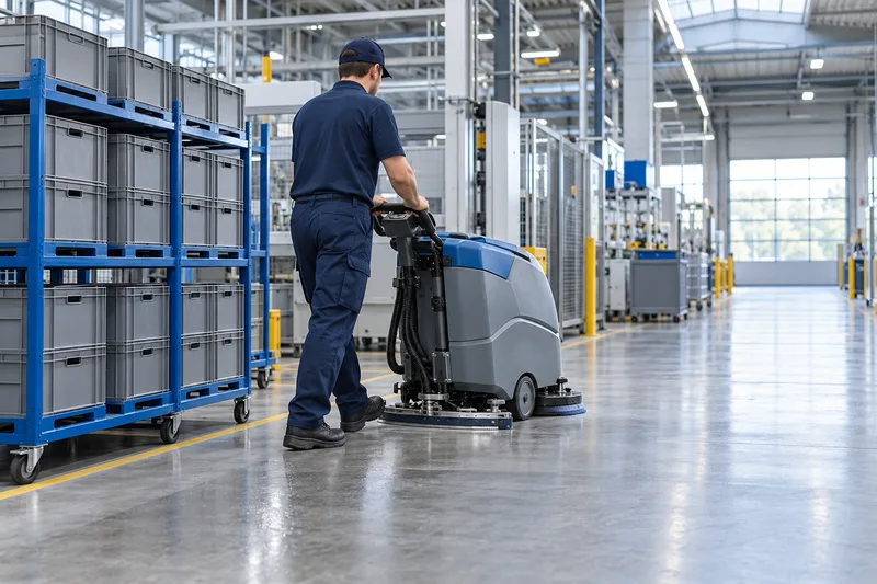 Limpieza de un piso industrial junto a racks con contenedores