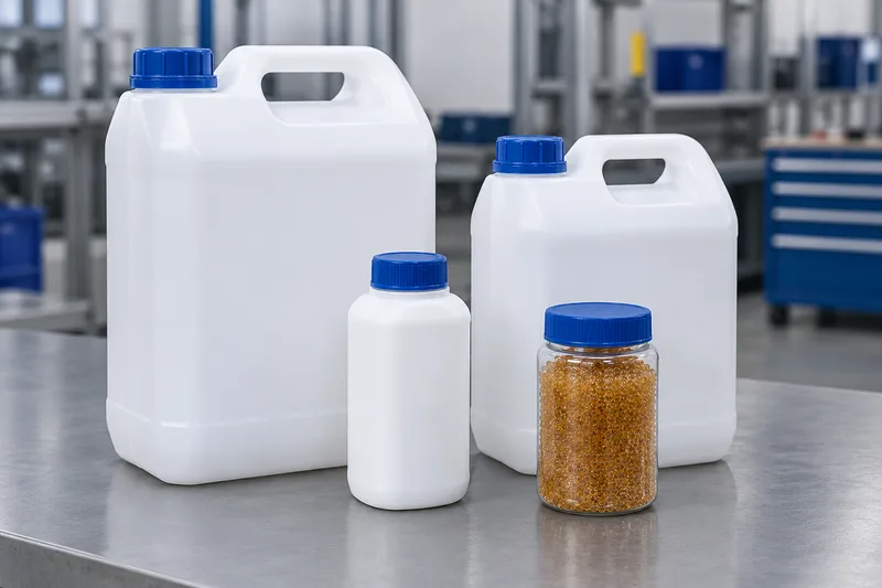 Envases de productos químicos industriales y resina de intercambio iónico