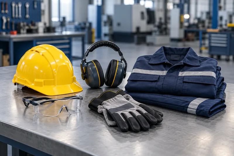 Casco, protección auditiva, guantes y ropa de trabajo