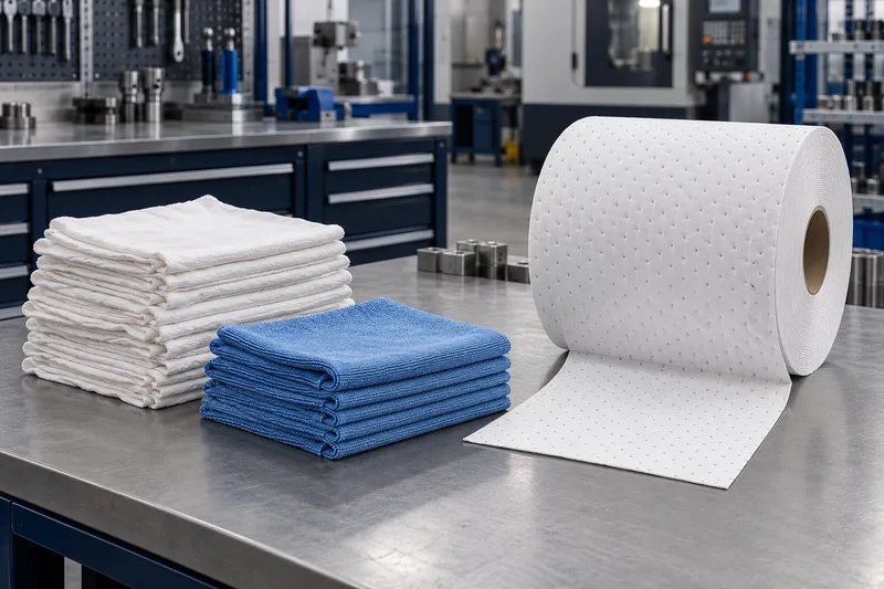 Paños industriales blancos, paños azules y rollo de limpieza